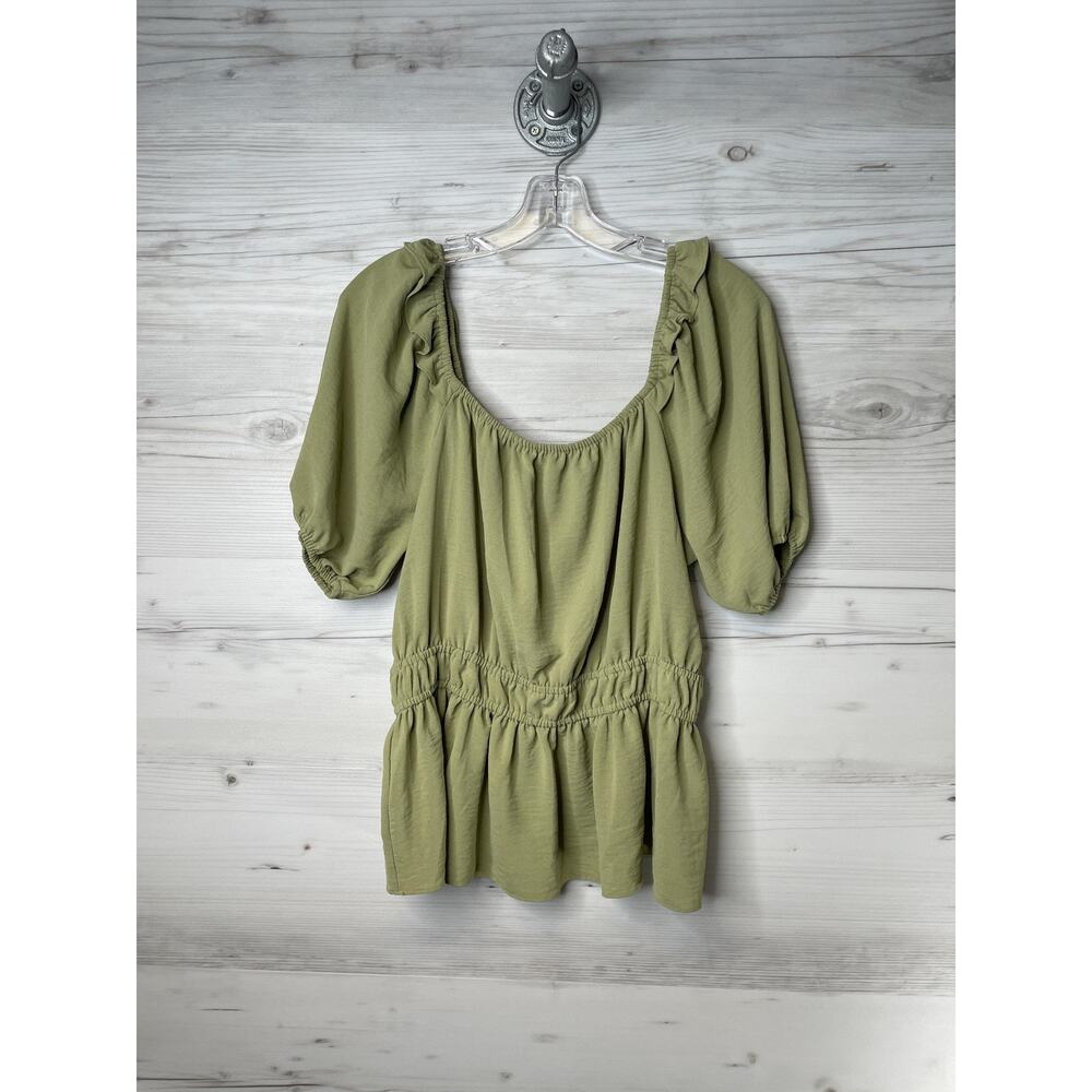 Nine West Blouse Womens Large Peplum Puff Sleeve Stretch Top